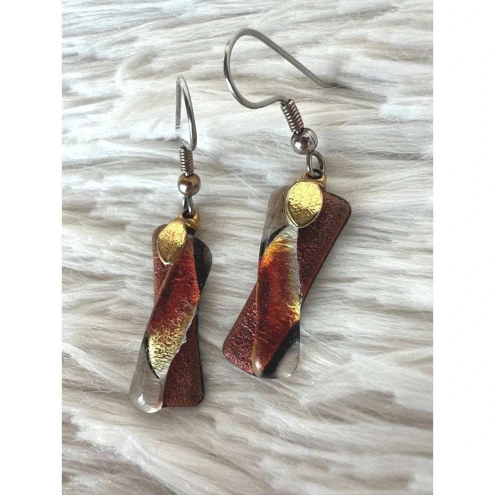Dichroic‎ Glass Drop Earrings Amber Copper Gold Leaf Twist Dangle Artisan Boho
